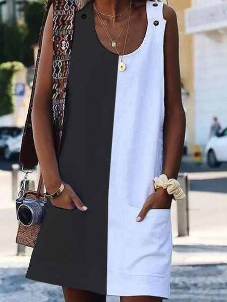 Crew Neck Casual Short Sleeve Woven Dress, Black, Mini Dresses