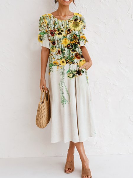 Sunflower Floral Design Crew Neck Casual Dress, Off white, Dresses