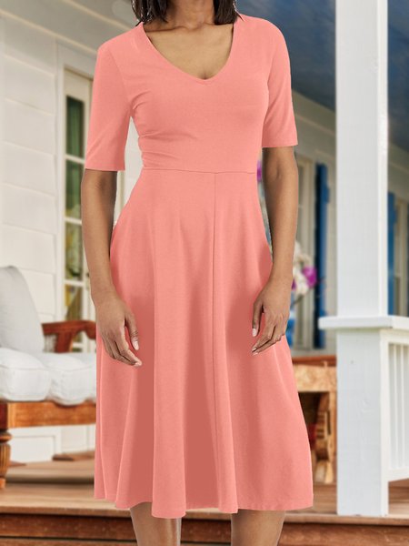 Skinny Basics V Neck Short Sleeve Knit Dress, Pink, Dresses