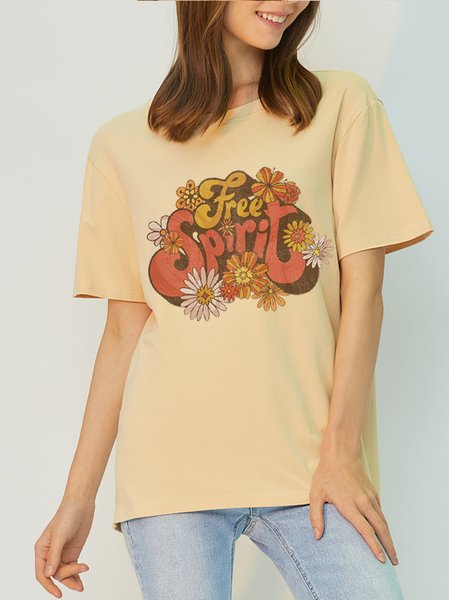 Free Spirit Flower Print Soft and Comfortable T-shirt, Apricot, T-shirts