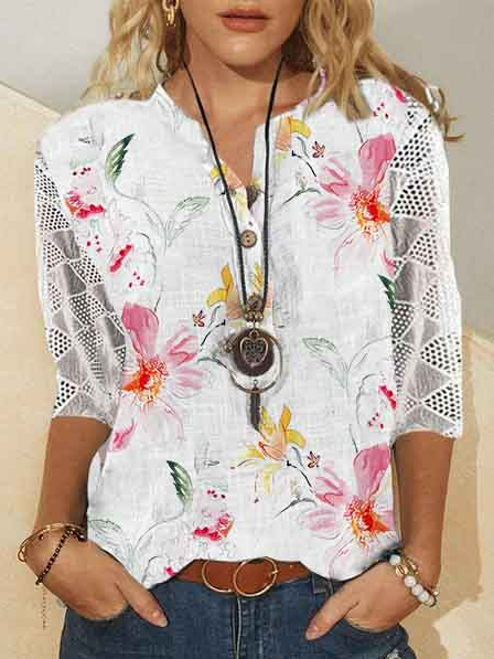 Casual Floral Mid Sleeve Blouse, White, Blouses & Shirts
