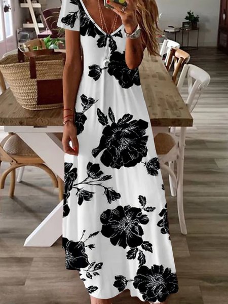 

Loosen Casual Floral Short Sleeve Knit Dress, Black-white, Maxi Dresses