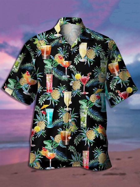 Men's Hawaiian Graphic Casual Short Sleeve Aloha Shirt, Black, Men's Floral shirt