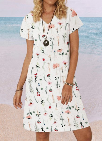 Casual V Neck Regular Fit Short Sleeve Knit Dress, White, Mini Dresses