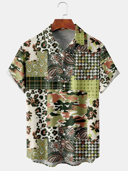 Men's Casual Short Sleeve Hawaiian Shirt with Chest Pocket Print, Green, Men's Floral shirt