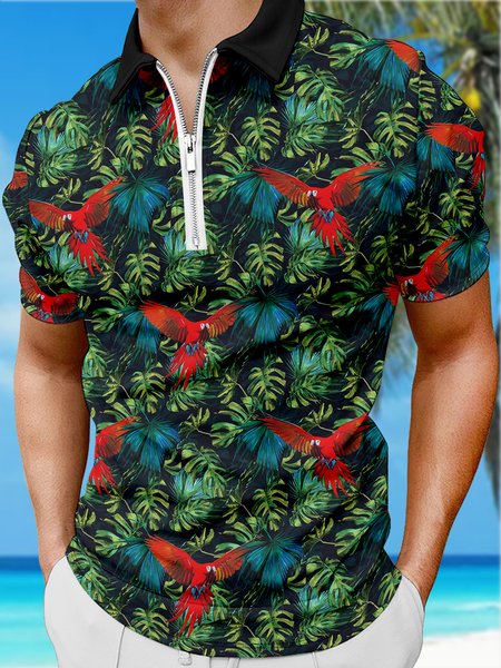 Resort-Style Hawaiian Botanical Palm Leaf And Parrot Pattern Lapel Short-Sleeved Polo Print Top, Black, Men's t-shirts