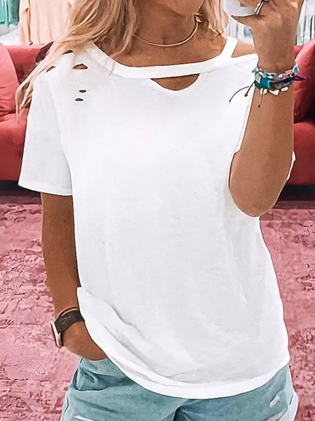 Plain Devore Hollow Out Short Sleeve T-Shirt, White, T-Shirts