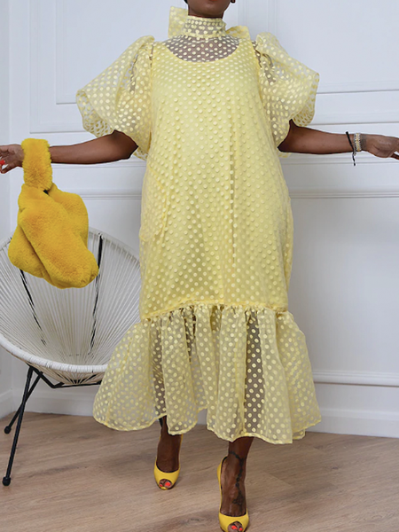 Summer Lightweight Polka Dots Elegant Stand Collar Short Sleeve Woven Dress, Yellow, Maxi Dresses
Summer Lightweight Polka Dots Elegant Stand Collar Short Sleeve Woven Dress, Yellow, Maxi Dresses