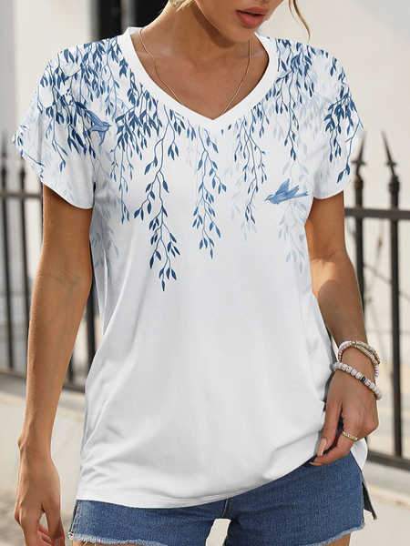 Loosen Casual V Neck Short Sleeve T-Shirt, White, T-Shirts