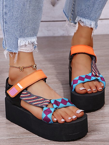 JFN Western Ethnic Pattern Contrast Platform Sandals, Orange, Sandals