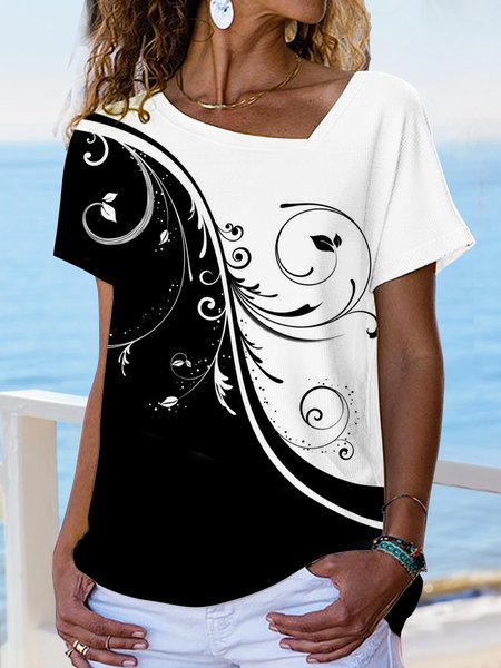 Asymmetric collar black and white contrast loose top T-shirt, Black-white, T-Shirts
Asymmetric collar black and white contrast loose top T-shirt, Black-white, T-Shirts