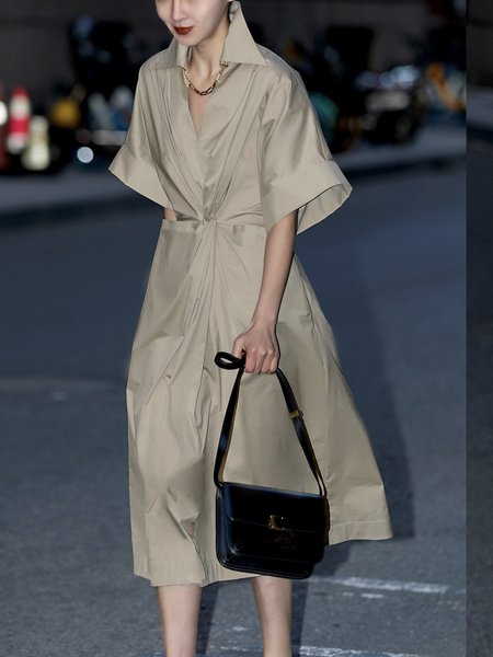 V Neck Regular Fit Statement Short Sleeve Woven Dress, Khaki, Midi Dresses
