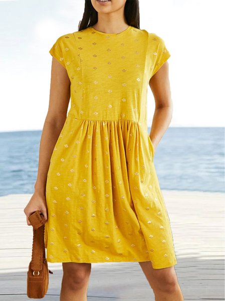 Polka Dots Crew Neck Short Sleeve Knit Dress, Yellow, Dresses
