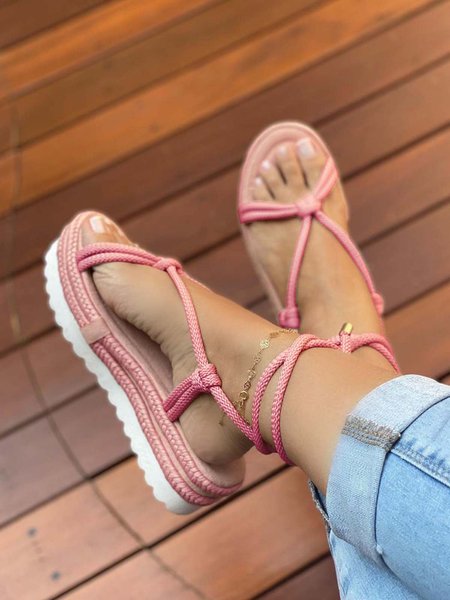 Chunky Rope Ankle Strap Platform Sandals, Pink, Sandals