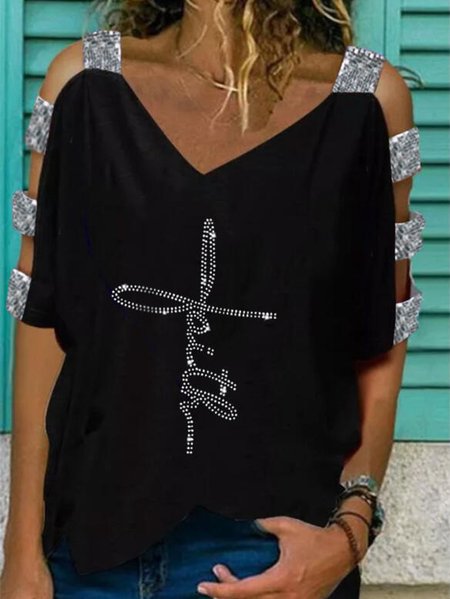 Casual Regular Fit Short Sleeve Tops, Black, Shirts & Blouses