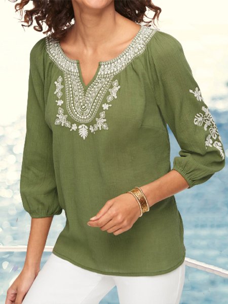 Vacation Cotton Blends V Neck Boho Blouse, Green, Blouses & Shirts
