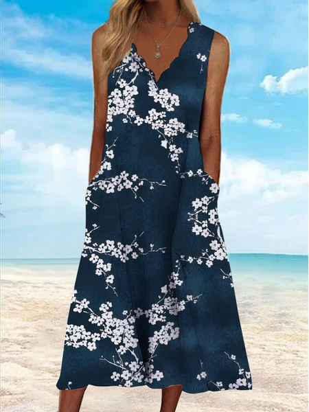 JFN V Neck Floral Sleeveless Casual Midi Dresses, Blue, Dresses