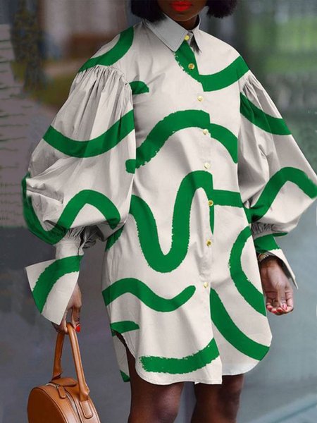 Casual Loosen Geometric Long Sleeve Blouse, White, Blouses and Shirts