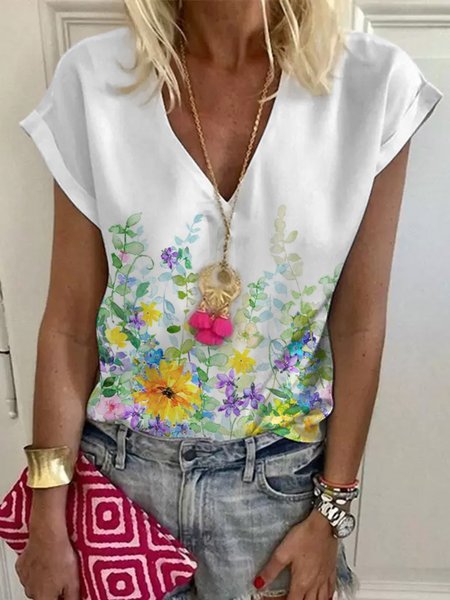 V neck Regular Fit Vacation Floral Short Sleeve Tops, White, Shirts & Blouses
V neck Regular Fit Vacation Floral Short Sleeve Tops, White, Shirts & Blouses