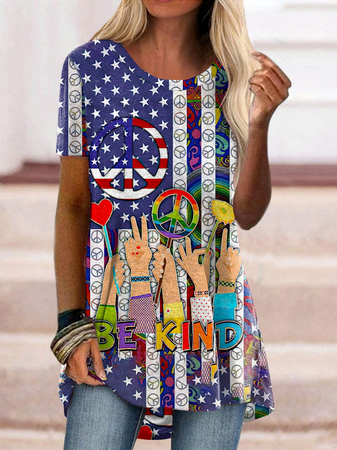 Cotton Blends Star Loosen Short Sleeve T-Shirt, Blue, Shirts & Blouses