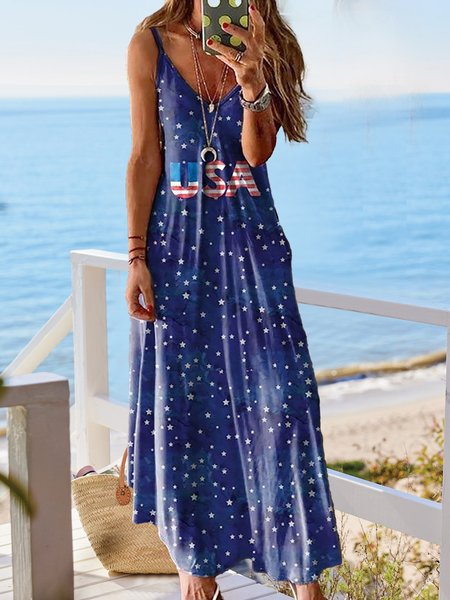 USA Letter Star Printed Vacation Casual Sleeveless V-neck Maxi Dresses, Blue, Dresses
USA Letter Star Printed Vacation Casual Sleeveless V-neck Maxi Dresses, Blue, Dresses