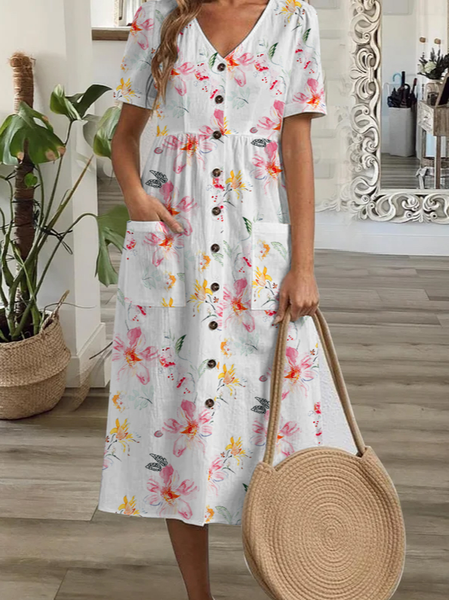 Casual Floral Short Sleeve Woven Dress, White, Dresses