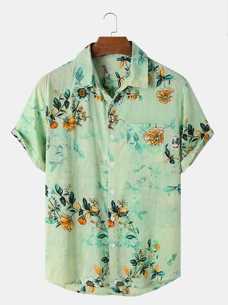Short Sleeve Floral Casual Short Sleeve Shirt, Green, Shirts & Blouse