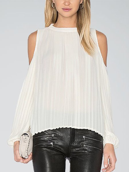 Simple Regular Fit Solid Long Sleeve Top, White, Tops
