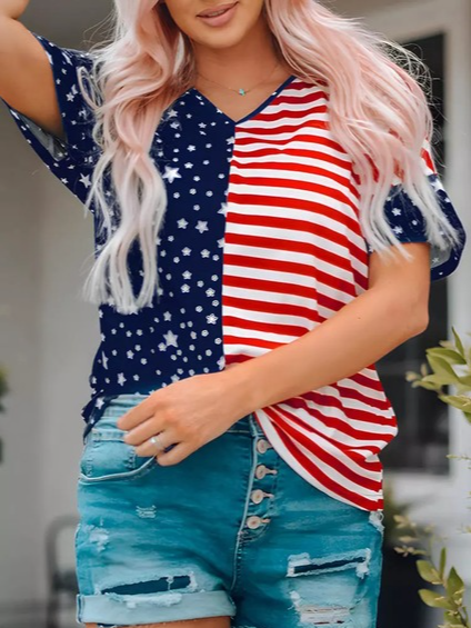 V Neck Striped Short Sleeve Tops, Blue, T-Shirts