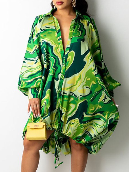 Printed Loosen Printed Abstract Shirt Collar Dress, Green, Mini Dresses