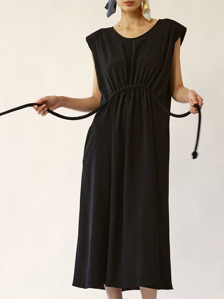 Cotton Simple Lace-Up Short Sleeve Knit Dress, Black, Maxi Dresses