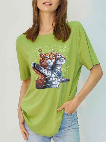 Casual Funny Print Antimicrobial Fabric T-shirt, Green, T-shirts