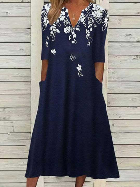 V-neck Casual Floral Print Summer Midi Dress, Dark blue, Dresses