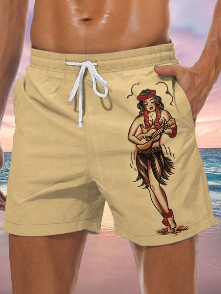 Hula Beauty Graphic Men's Casual Beach Shorts, Light yellow, Men's shorts