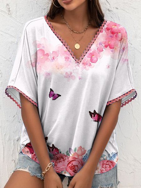 V Neck Vacation Loosen Short Sleeve T-Shirt, White, Shirts & Blouses