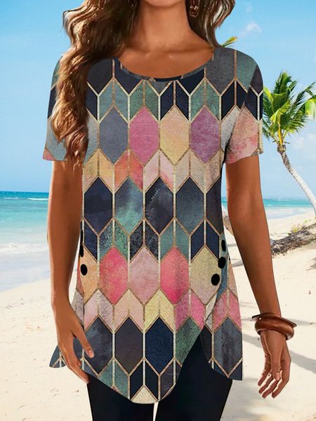 Geometric color block nail buckle irregular hem top T-shirt tunic plus size, Multicolor, T-Shirts
Geometric color block nail buckle irregular hem top T-shirt tunic plus size, Multicolor, T-Shirts