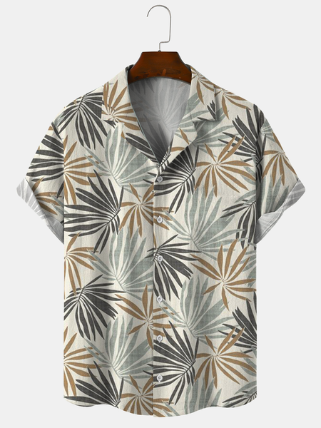 Cotton and Linen Botanical Floral Print Cozy Linen Shirt, As picture, Men's Floral shirt