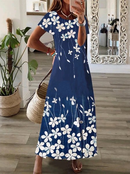 Floral Boho Cotton Short Sleeve Knit Dress, Blue, Dresses