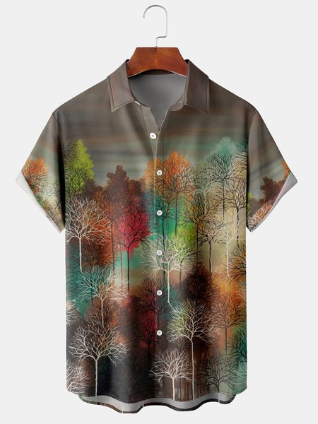 Mens Retro Trees Print Lapel Loose Chest Pocket Short Sleeve Hawaiian Shirts, Brown, Men's Floral shirt