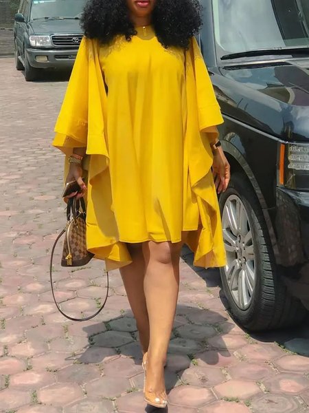 Batwing Crew Neck Simple Short Sleeve Woven Dress, Yellow, Mini Dresses