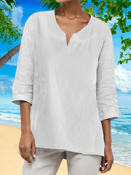 Cotton V Neck Plain Short Sleeve Tops, White, Shirts & Blouses