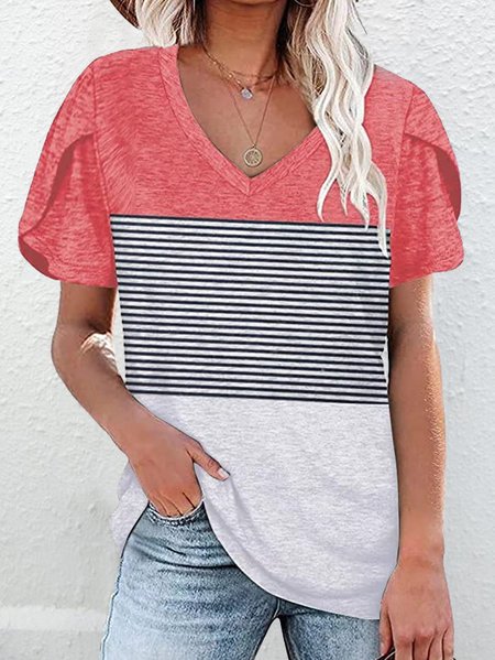 Raglan Sleeve Simple V Neck Striped Short Sleeve Tops, Pink, T-Shirts
Raglan Sleeve Simple V Neck Striped Short Sleeve Tops, Pink, T-Shirts
