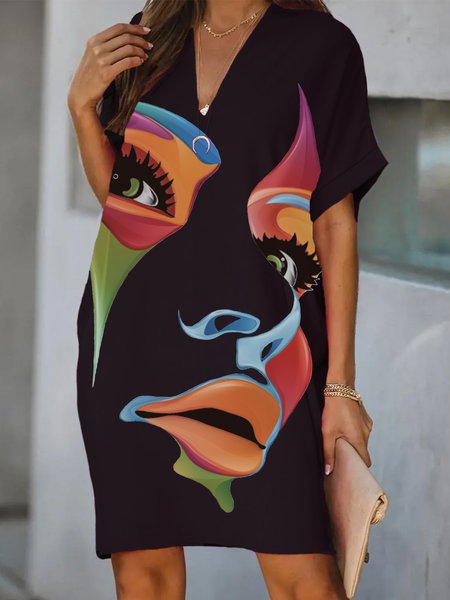 Daily V Neck Loosen Figure Short Sleeve Mini Dress, Black, Mini Dresses