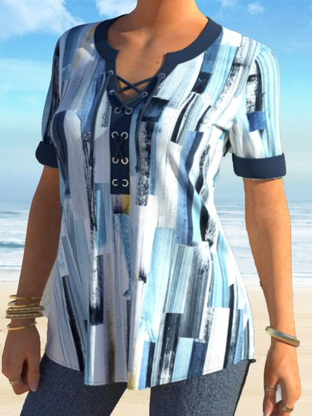 Loosen Painted V Neck Short Sleeve Tops, Blue, Shirts & Blouses