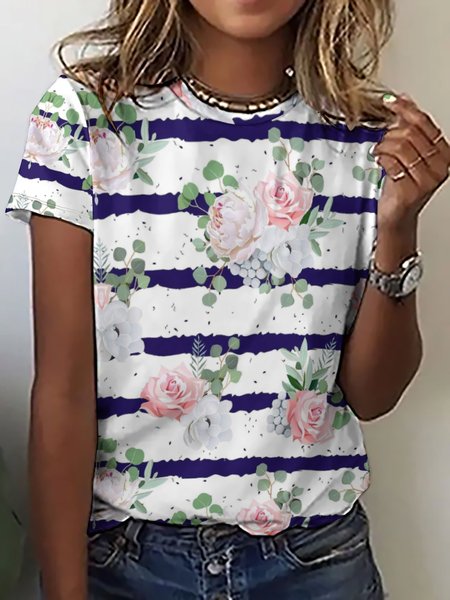 Artistic flowers Casual Striped Crew Neck Short Sleeve T-Shirt, As picture, T-shirts