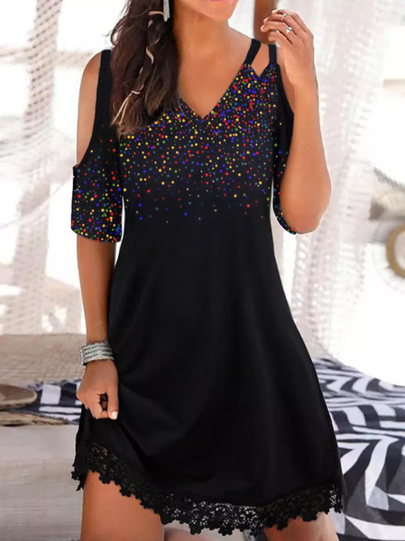 V Neck Casual Short Sleeve Knit Dress, Black, Dresses 
V Neck Casual Short Sleeve Knit Dress, Black, Dresses