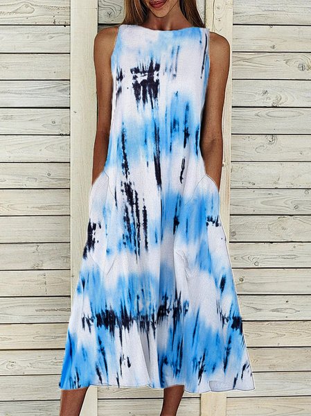 Ombre Round Neck Casual Sleeveless Woven Dresses, Blue, Dresses
