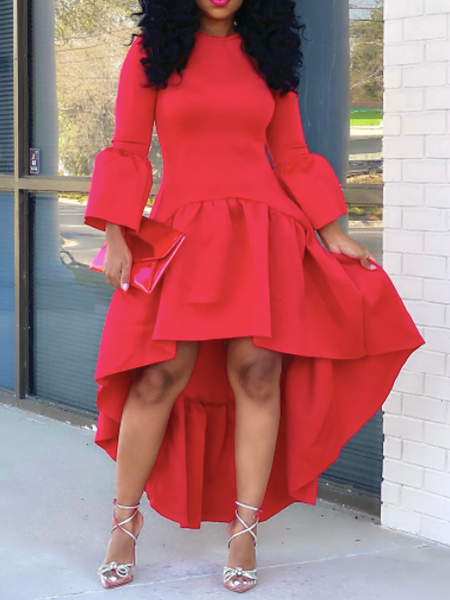 Summer Fit and FlareX Crew Neck Plain Elegant Sleeveless Woven Dresses, Red, Midi Dresses
