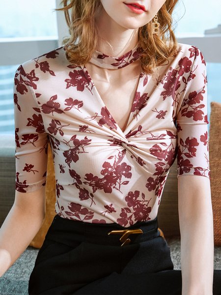 Elegant Daily Short Sleeve Printed Top, Red, Tops