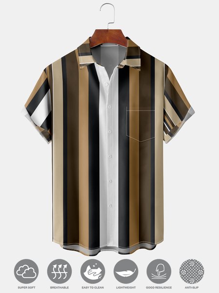 Men's Surf Stripe Printed Casual Fabric Fashion Hawaiian Collar Short Sleeve Shirt, Coffee, Men's Floral shirt